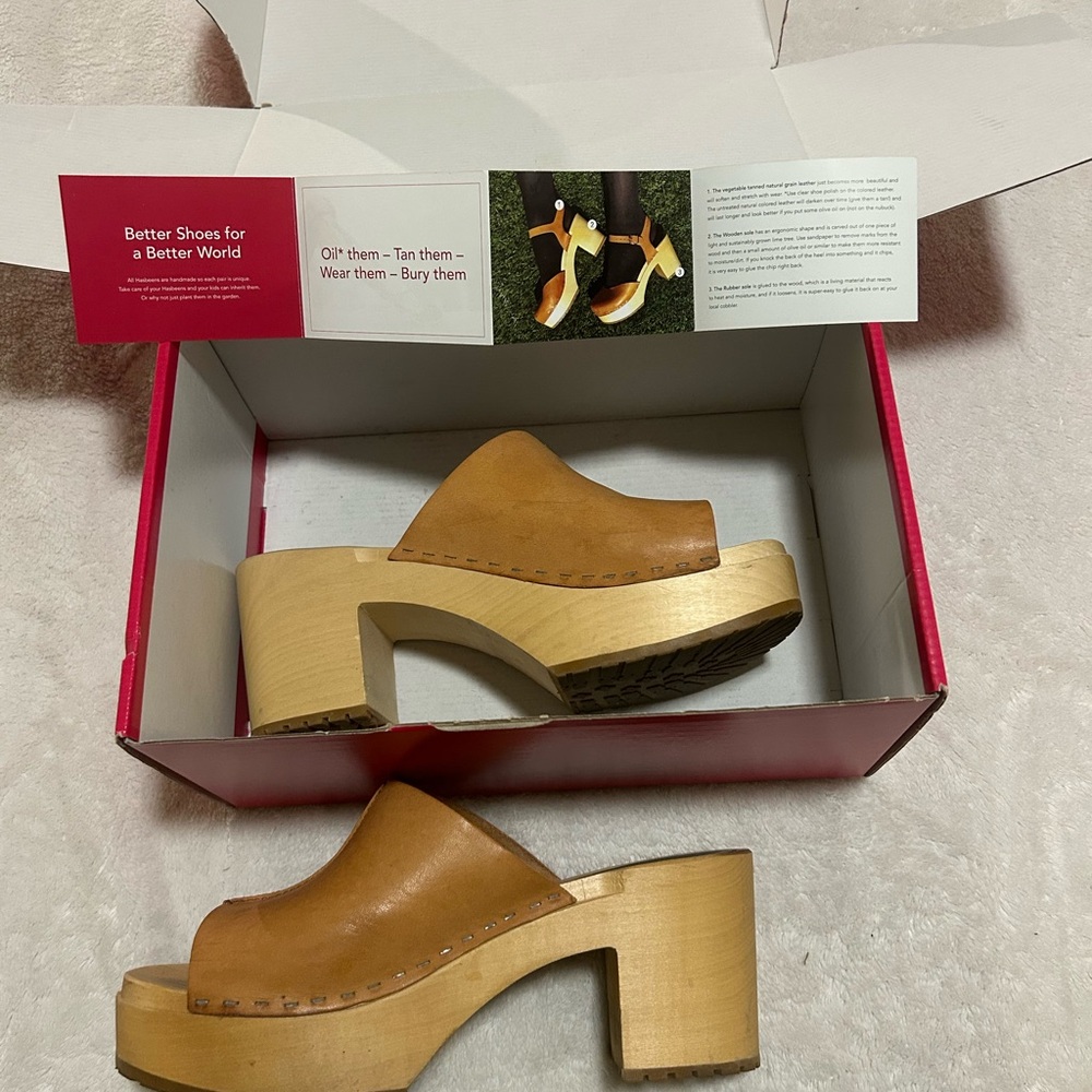 Swedish Hasbeens Brown Leather Platform Clogs